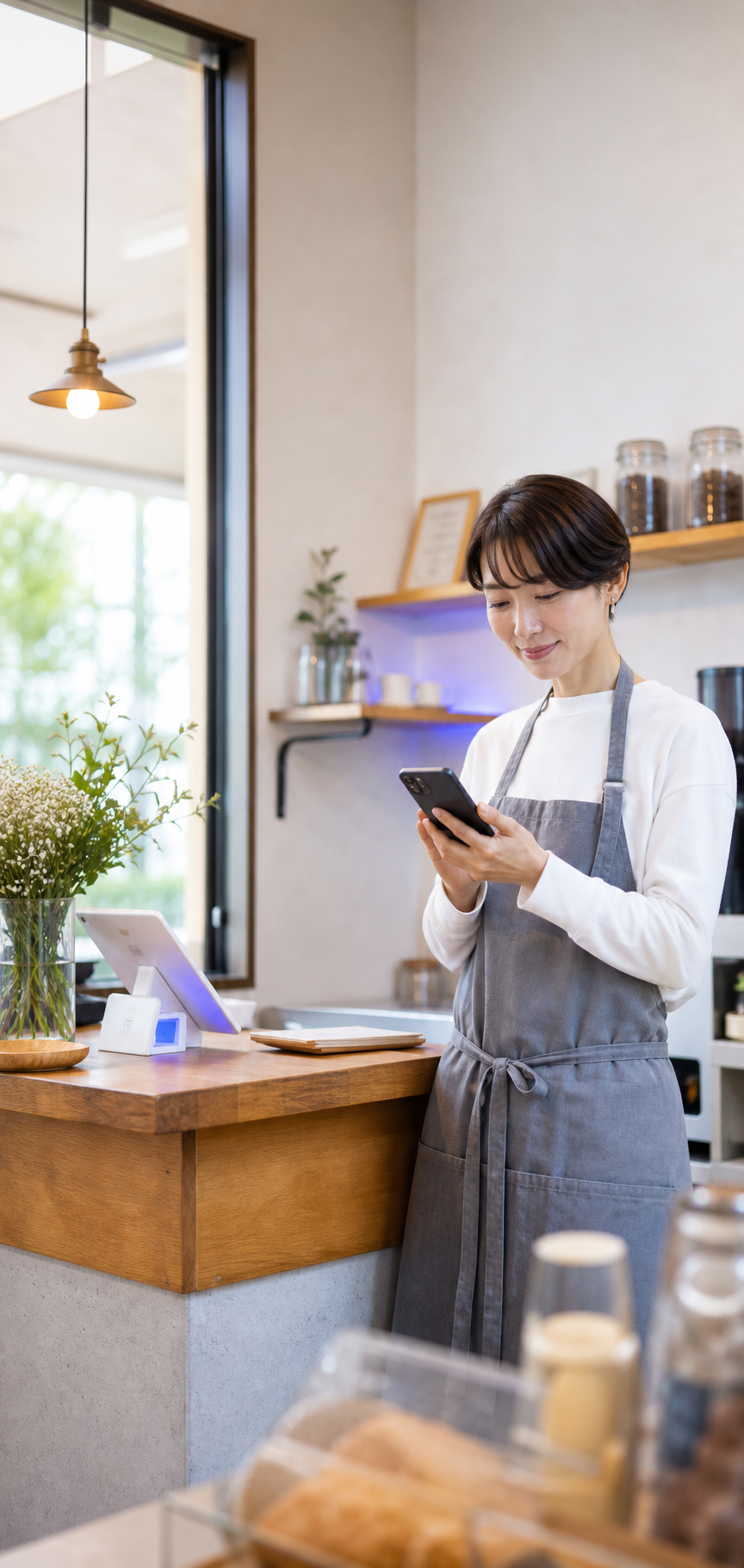 小さなお店のオーナーがスマホで自分のアプリを使っている様子
