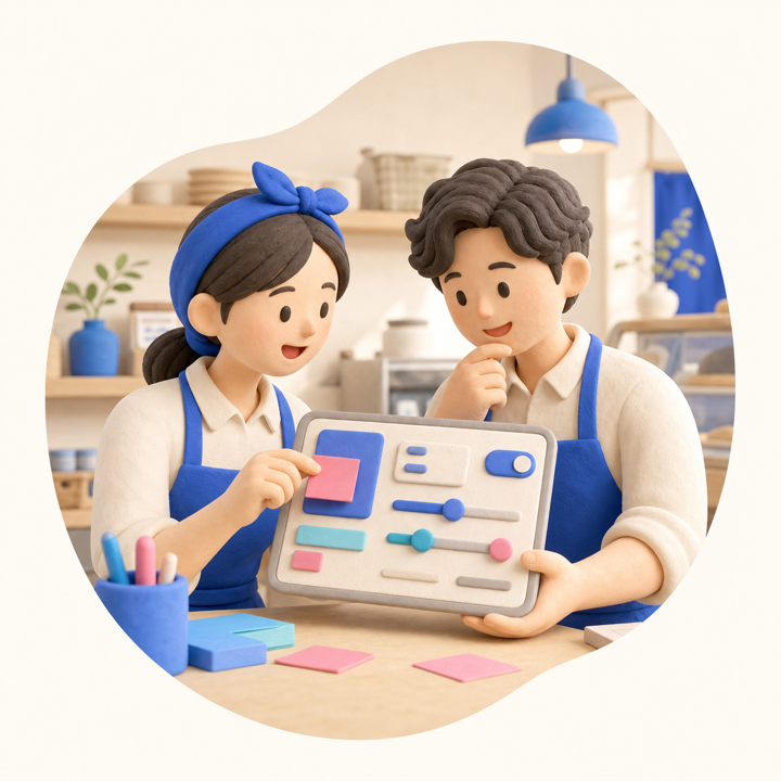 スタッフと相談しながらアプリを少しずつ調整している様子