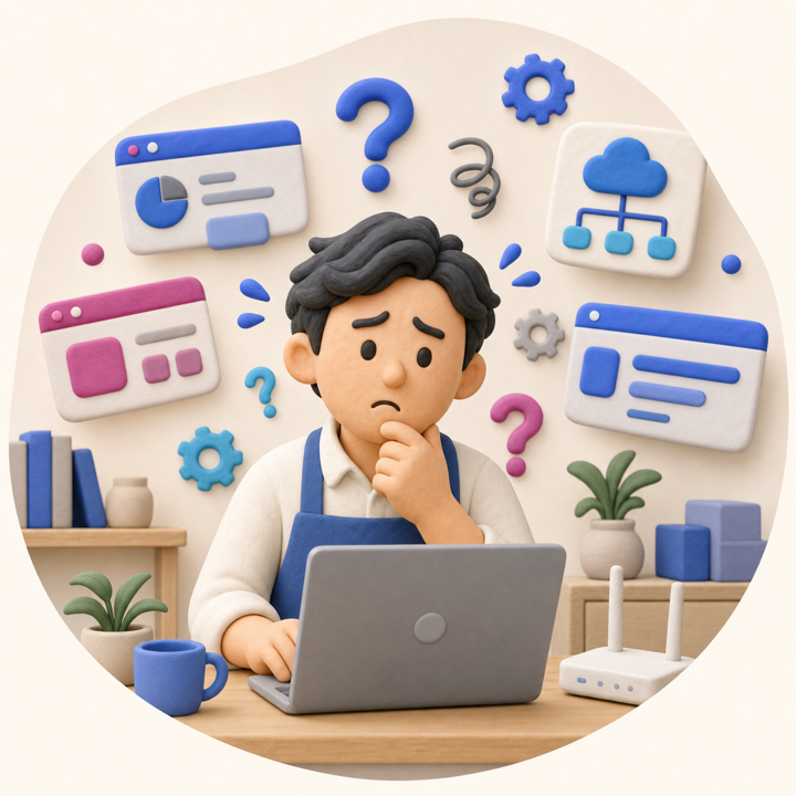 IT に詳しい人がいなくてパソコンの前で困っている店主
